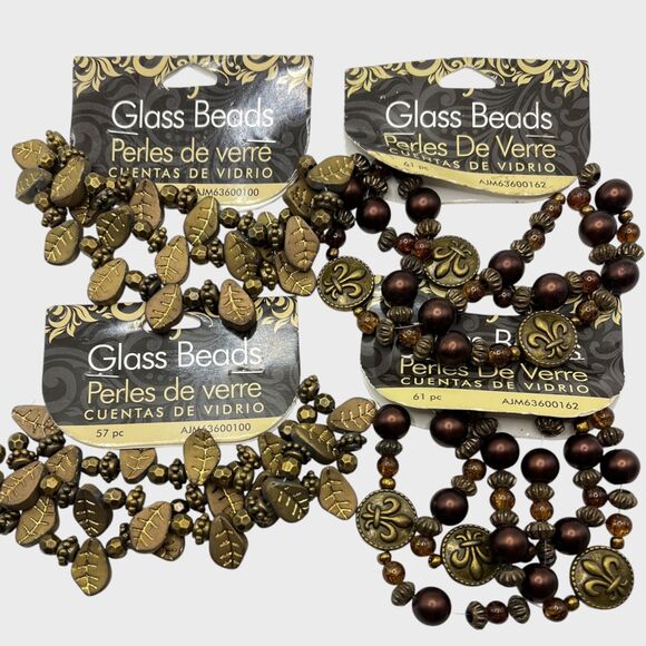Lot Glass Beads Brown Bronze Leaves Fleur De Lis Metallic Jewelry Craft Antiqued - Picture 1 of 12